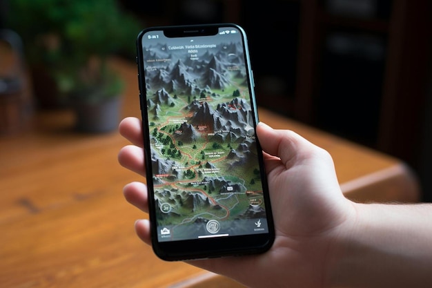 A person holding a phone with the screen showing a picture of a mountain.