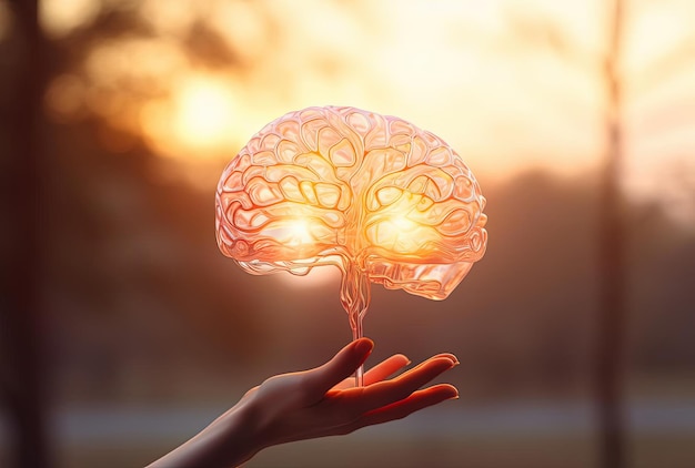 person holding a piece of brain at sunset in the style of light orange and white