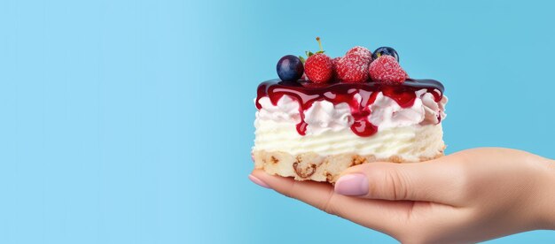 Person holding piece of cake with fruit topping