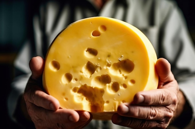 A person holding a piece of cheese in their hands