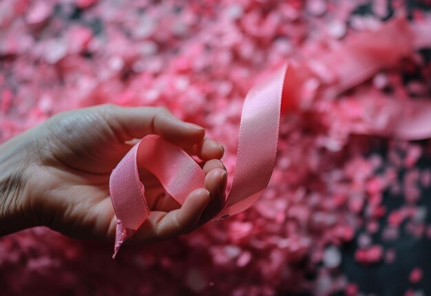 Person Holding Pink Ribbon in Hand