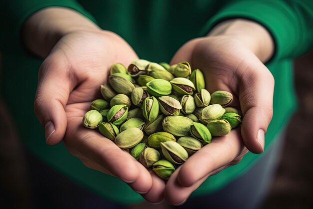 A person holding pistachios in their hands