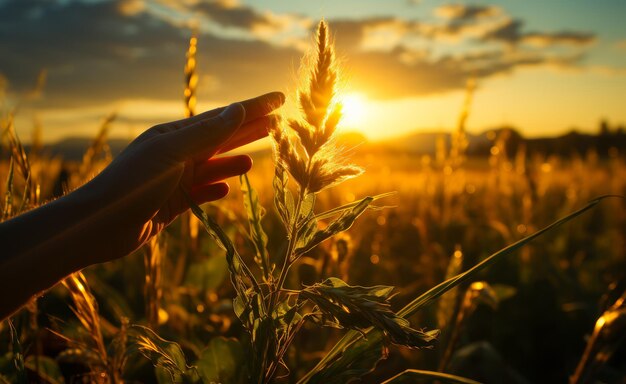 A person holding a plant in a field at sunset a hand holding a stalk of wheat in front of a sunset