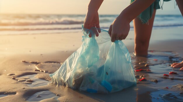 A person holding a plastic bag on a beach