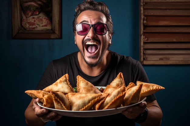 Foto una persona che tiene un piatto di samosa e ride