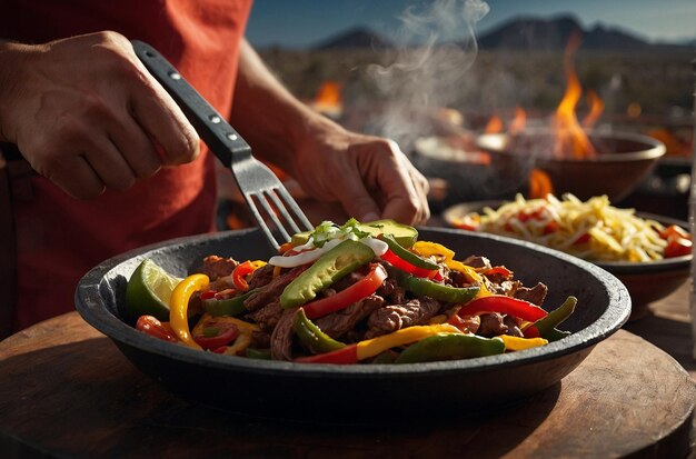 A person holding a plate of sizzling fajitas with a d