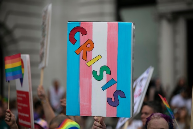 A person holding a pro transgender banner at a gay pride event