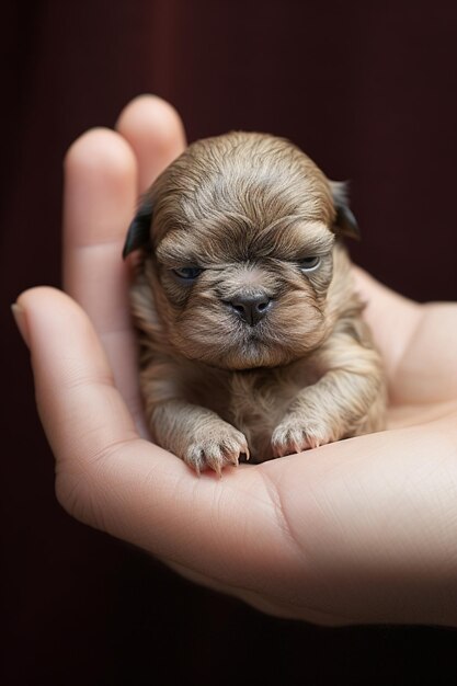 Premium AI Image | a person holding a puppy that has a sad face