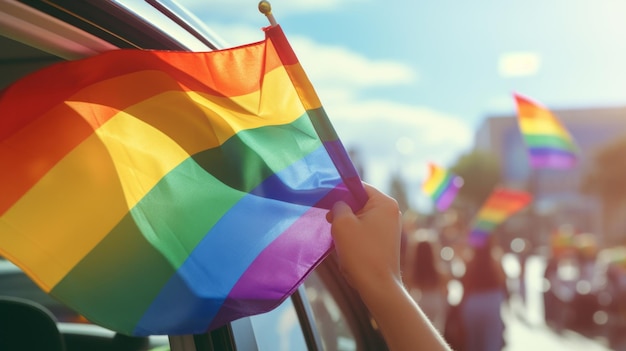 A person holding a rainbow flag out of a car window