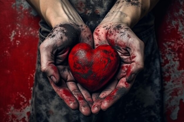 A person holding a red heart in their hands.