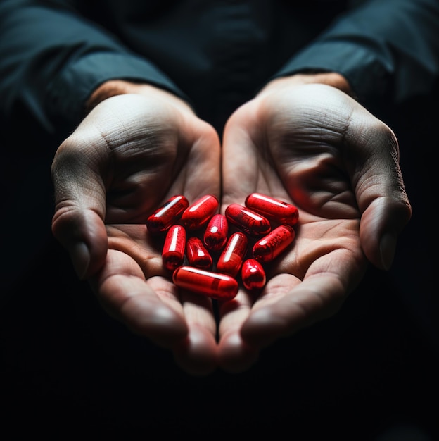 a person holding red pills in their hands.