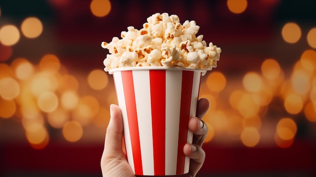 a person holding a red and white striped cup with popcorn in it