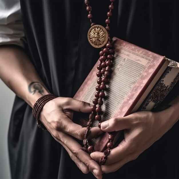 Person Holding Rosary and Religious Book