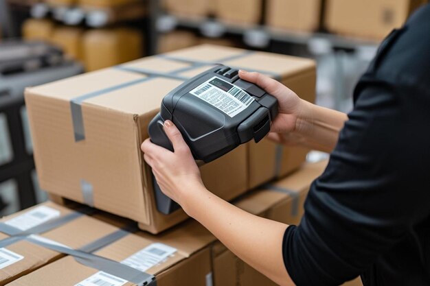 Photo a person holding a scanner in front of boxes