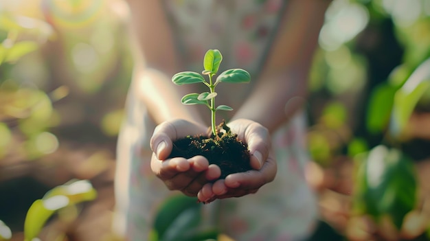 Photo person holding seedlings in hand with natural background