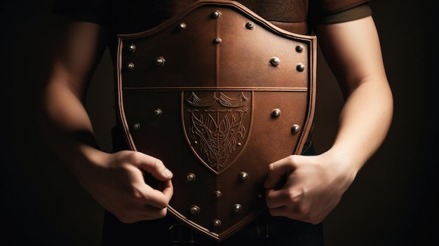 A person holding a shield with the word shield on it