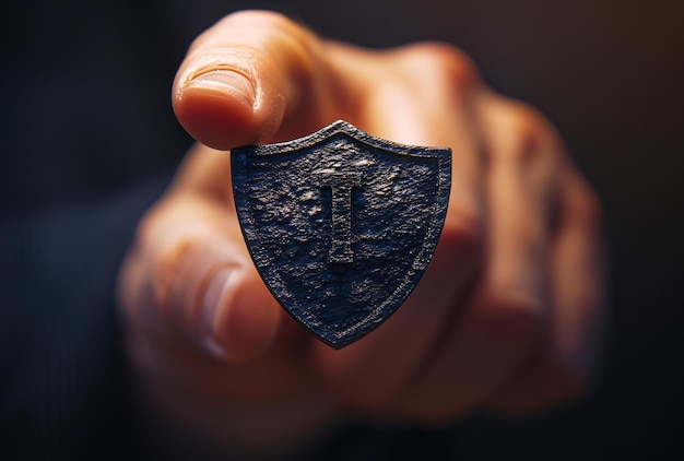 a person holding a small black shield