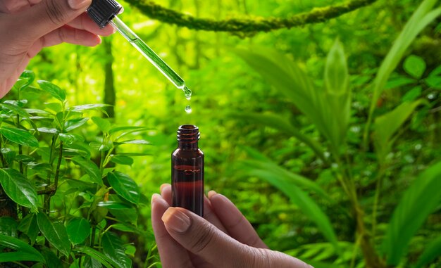 A person holding a small bottle of essential oil.