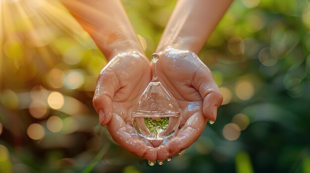 手に水滴を入れた小さなガラスの立方体を握っている人