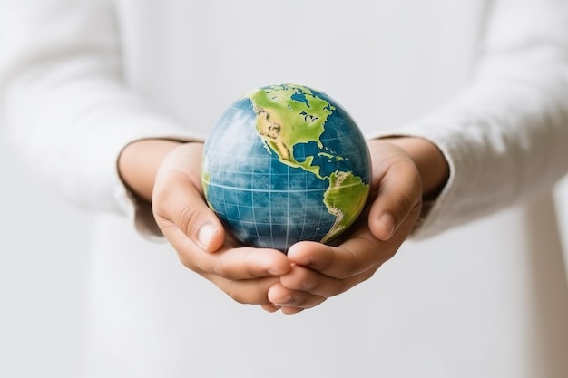 Person Holding Small Globe in Hands On a White or Clear Surface PNG Transparent Background