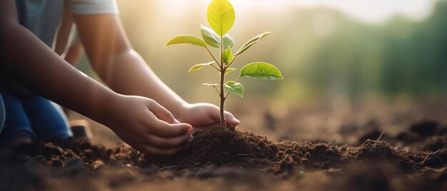 a person holding a small plant in the dirt