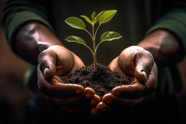 Person holding a small plant in their hands Planting trees for green sustainable future