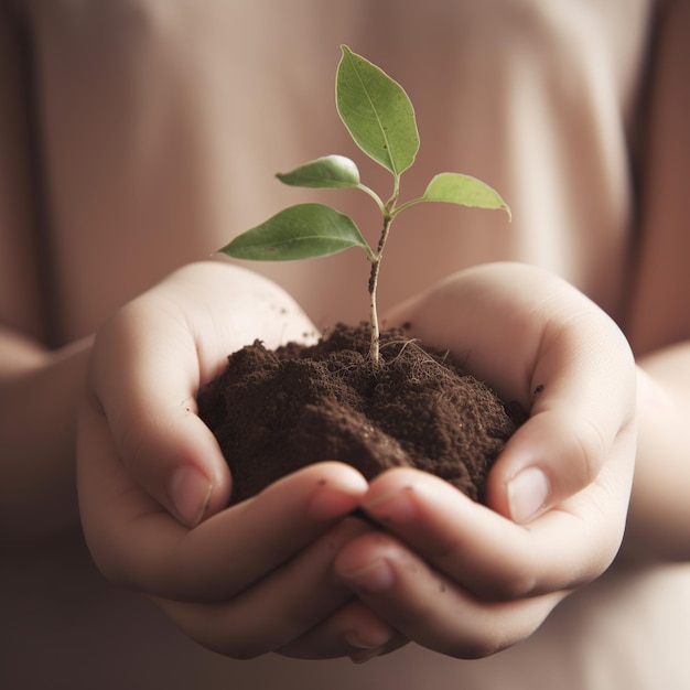 A person holding a small plant in their hands.