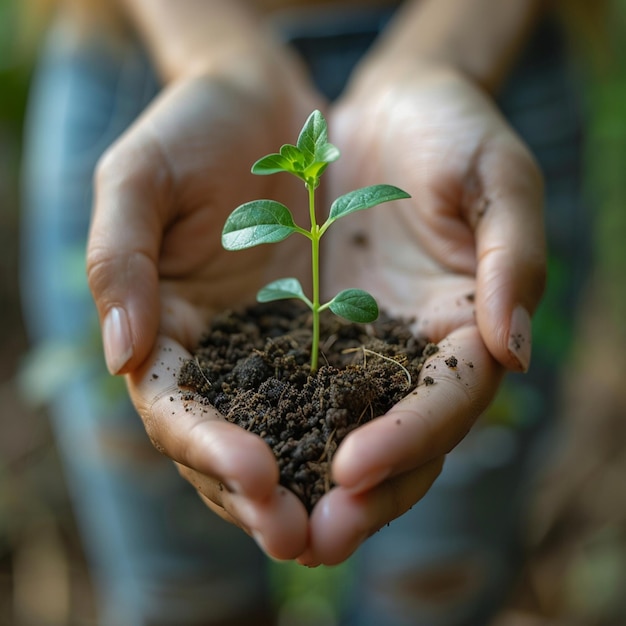 a person holding a small plant in their hands