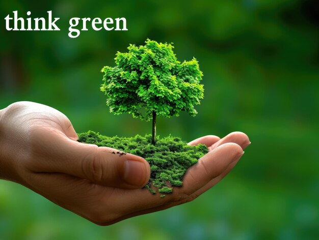 A person holding a small tree in their hands text think green