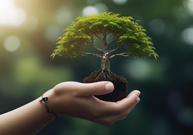 Photo a person holding a small tree with the sun behind them