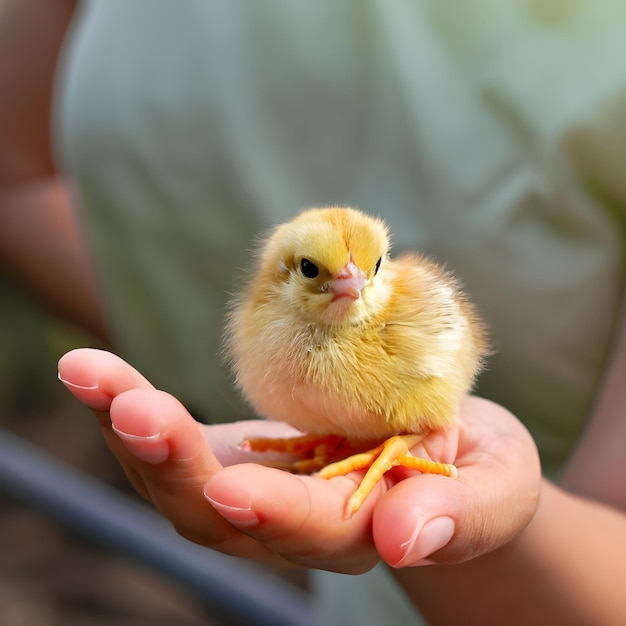 a person holding a small yellow chicken in their hands.