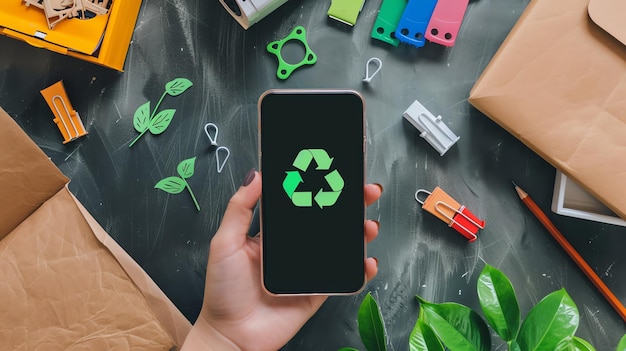 Photo a person holding a smartphone with a recycling symbol on the screen the phone is surrounded by various office supplies and craft materials