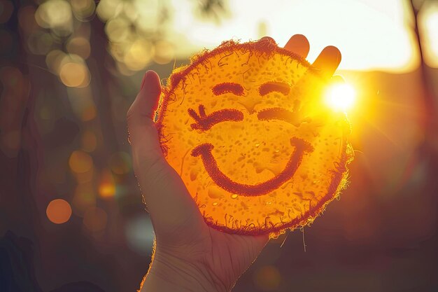 A person holding a smiley face cookie in front of the sun