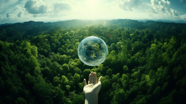 a person holding a soap bubble in front of a forest