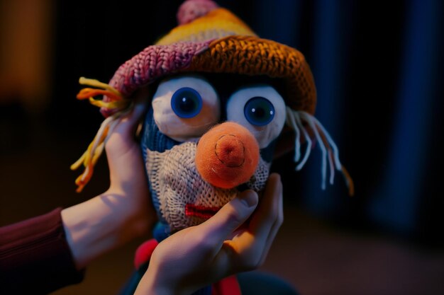 Photo person holding a sock puppet with comically large eyes and a funny hat