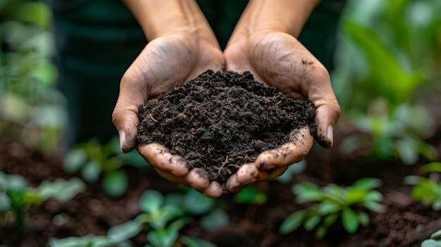 a person holding a soil with the word soil in the background