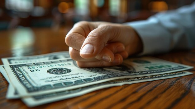 Person Holding Stack of Money on Table