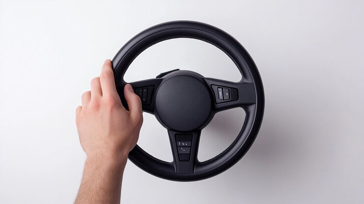 Photo a person holding a steering wheel that says quot t quot on it