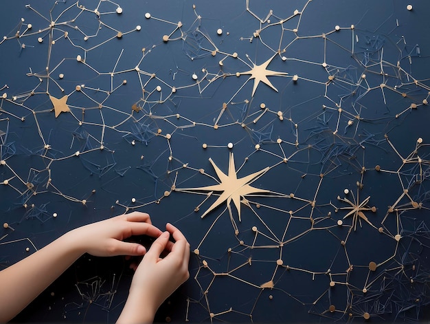 a person holding a string star in front of a wall of stars