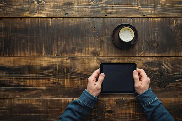 Photo person holding tablet next to coffee cup