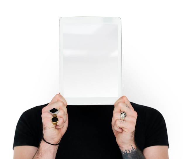 Person Holding Tablet Studio Portrait Concept