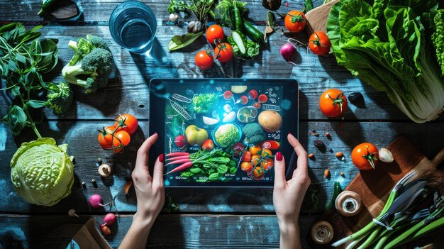 写真 野菜に囲まれてタブレットを持つ人