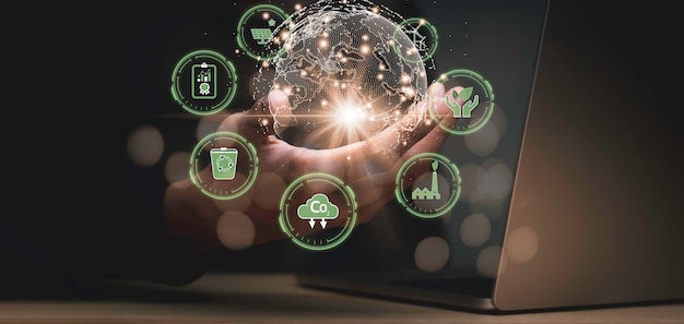 Person holding a tablet technology looking at the graph of\
pollution reduction or contaminants toxic substances in industrial\
plants to obtain an environmental certificatex9