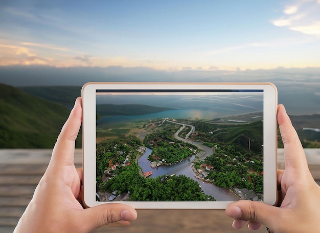 A person holding a tablet with a landscape view on the screen.