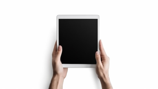 A person holding a tablet with the screen open