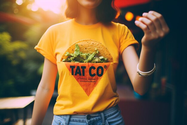 Photo a person holding a taco with a i love tacos tshirt