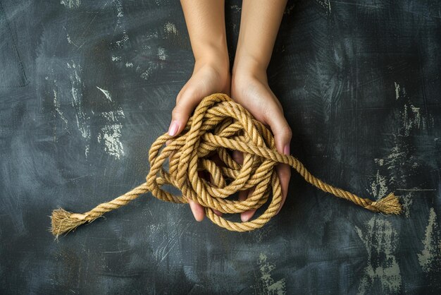 Photo a person holding a tangled rope navigating complexity clarity amidst confusion in conceptualizing ab