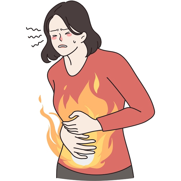 고통스러운 표정 으로 배 를 들고 있는 사람