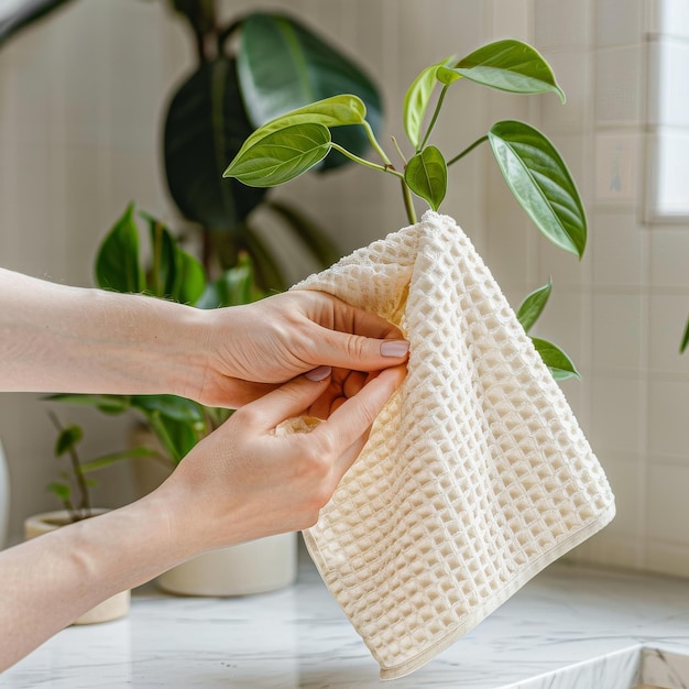 Человек, держащий полотенце над растением в горшке