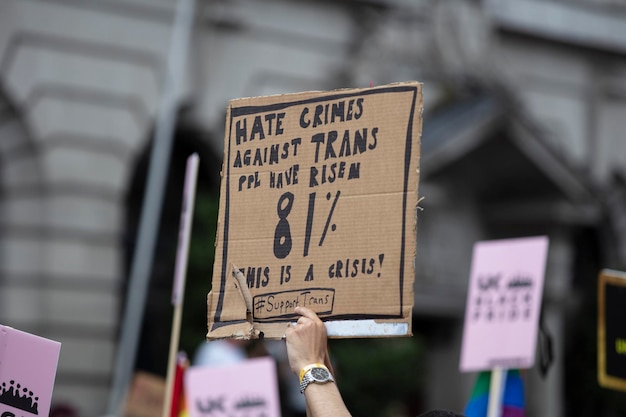 A person holding a transgender hate crime statistic banner at a gay pride event